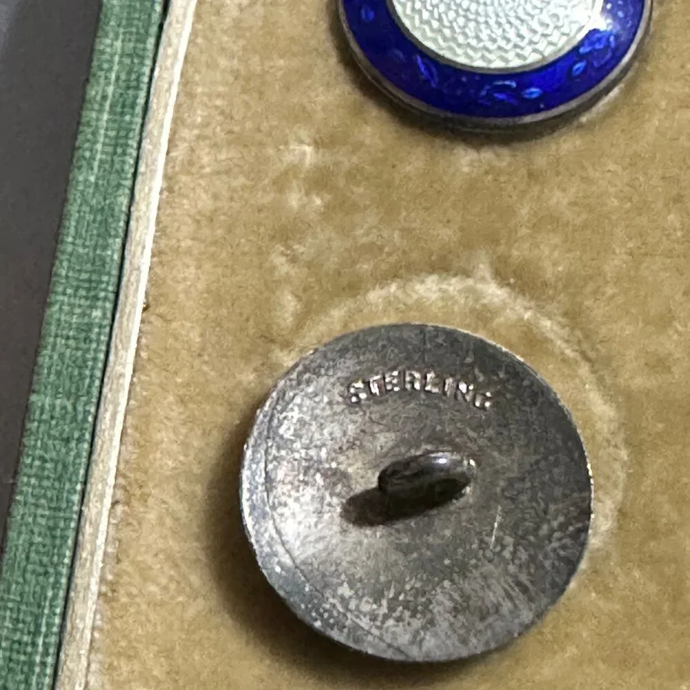 Edwardian Sterling Silver Blue Enamel Buckle and Button Set, Birmingham 1910